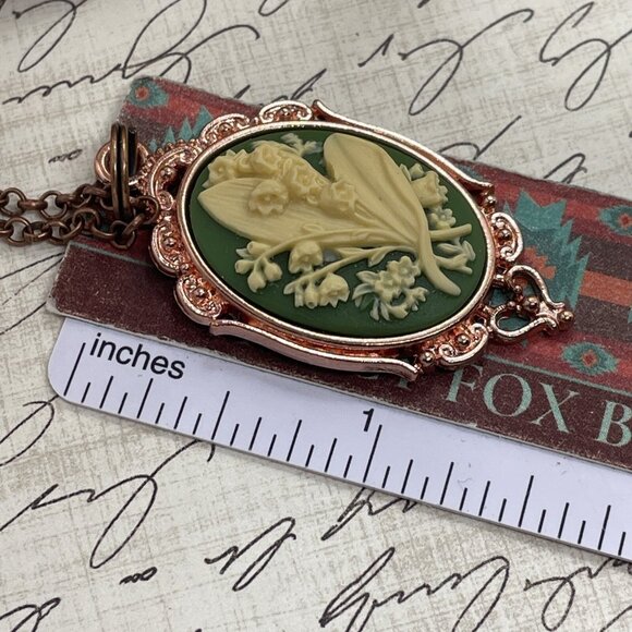 ROSE GOLD Green Lily of the Valley Cameo Summer Pendant Necklace Charm Wedding - Picture 6 of 12